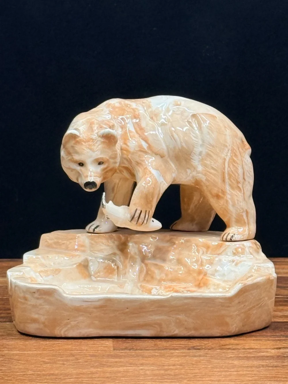 Alaska Clay Grizzly Bear with Fish Ashtray by Marie Pouch L - Ketchikan